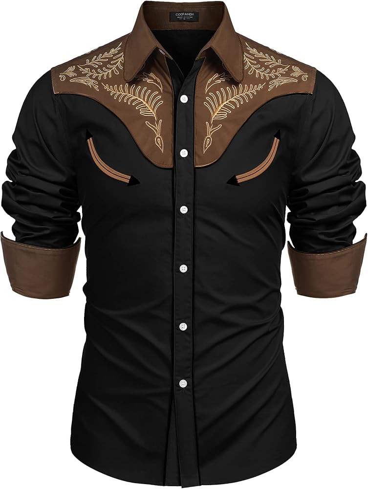 COOFANDY Men's Western Cowboy Shirt Embroidered Button Down Long Sleeve Shirts