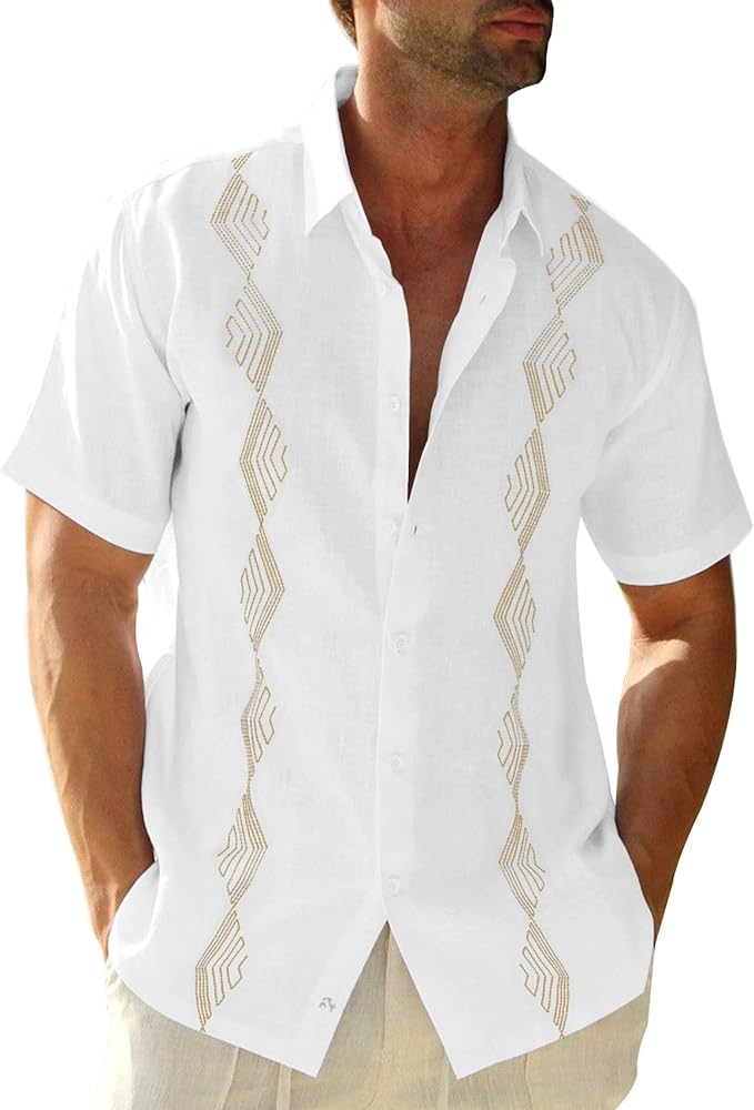 Makkrom Men Cuban Guayabera Shirts Linen Short Sleeve Button Down Cotton Mexican Beach Wedding Shirt