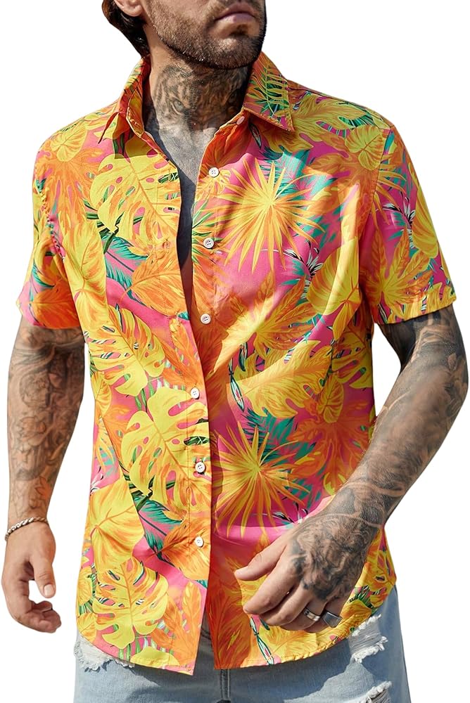 Verdusa Men's Button Down Collar Short Sleeve Tropical Print Hawaii Shirt Tops