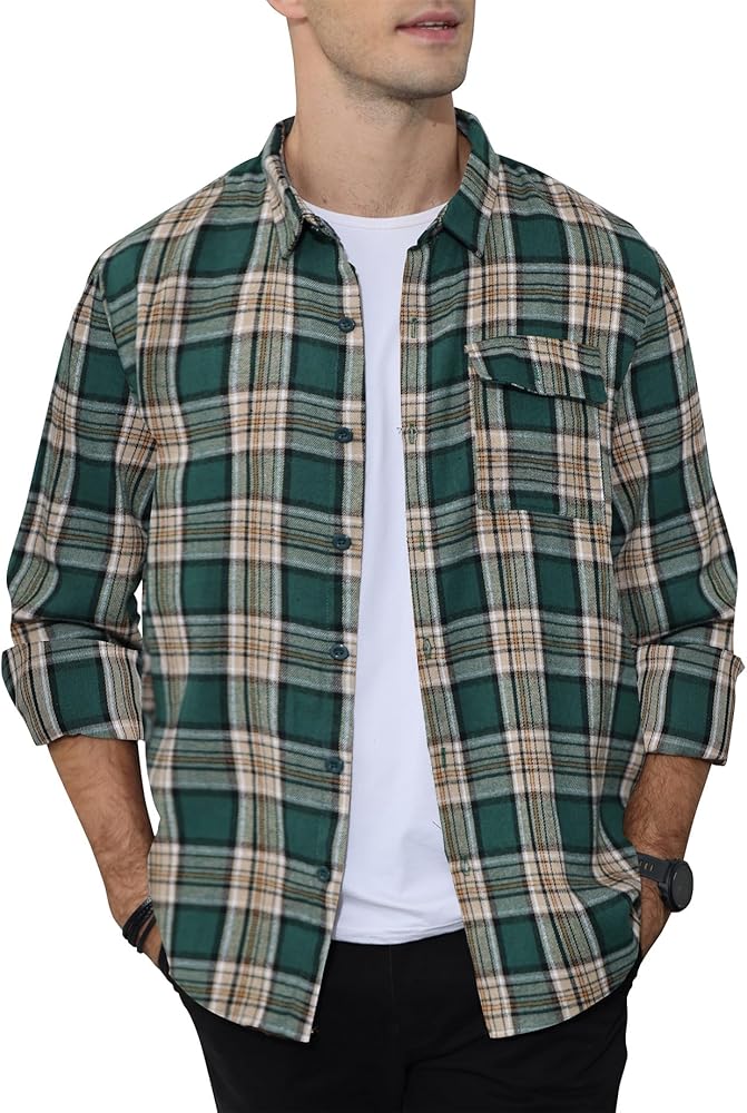 Men’s Casual Flannel Plaid Shirts Long Sleeve Button Down Lightweight Shirts Jacket Shacket with Pocket