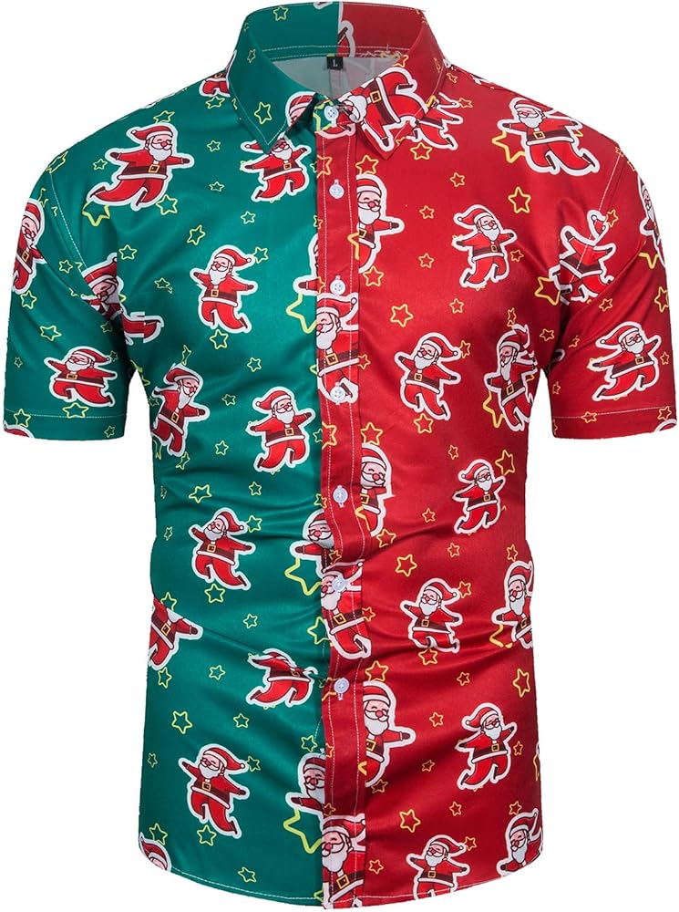 TUNEVUSE Mens Christmas Shirt Ugly Santa Claus Party Printed Short Sleeve Funny Casual Hawaiian Xmas Shirts Top