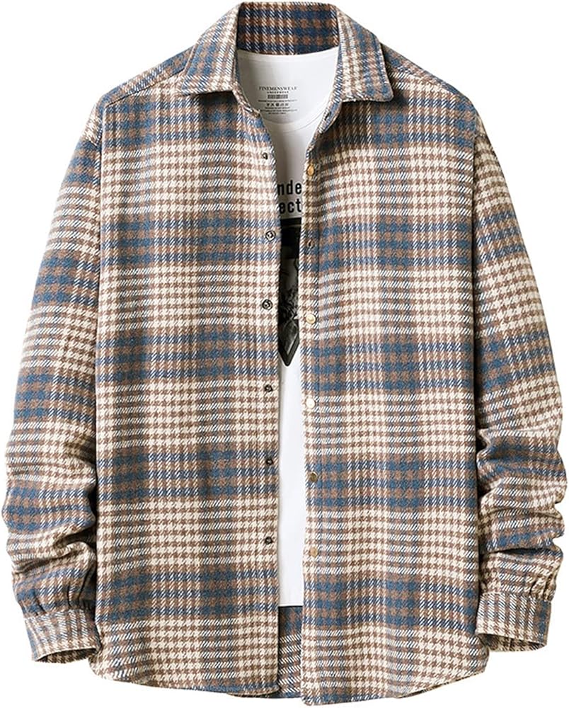 Locachy Men's Casual Cotton Plaid Shirts Long Sleeve Button-Down Flannel Overshirt Jacket