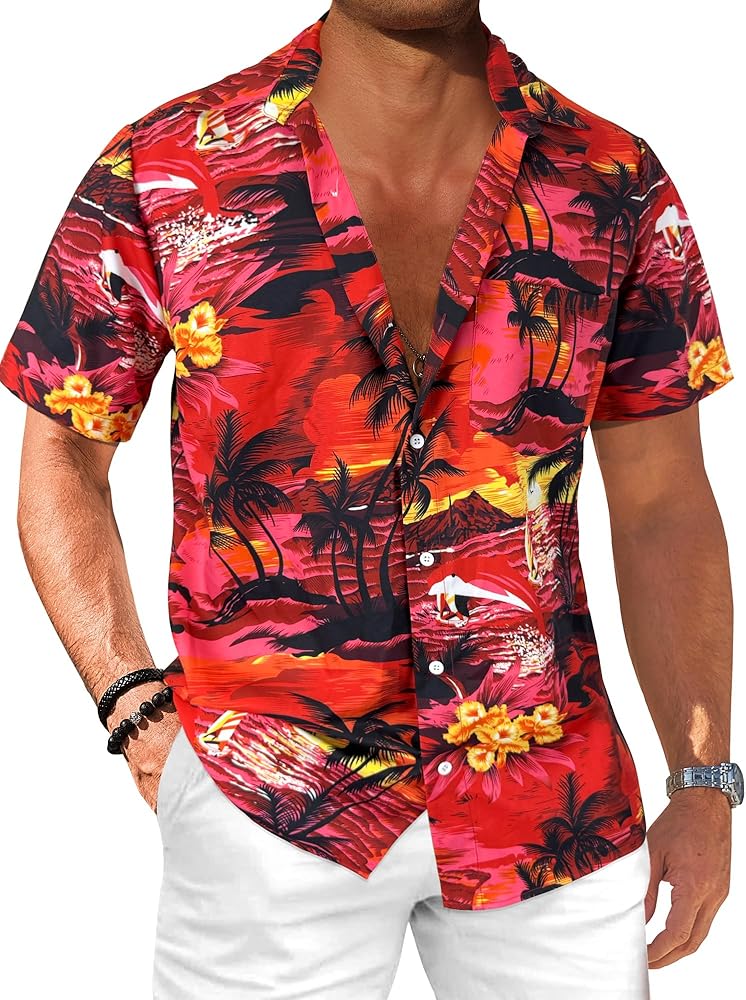 Men's Hawaiian Floral Shirts Short Sleeve Button Down Tropical Summer Beach Shirts