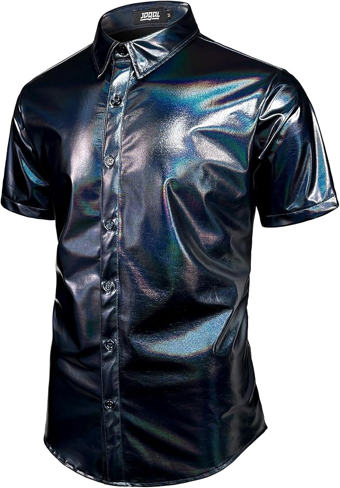 JOGAL Men's 70s Disco Shiny Metallic Gold Silver Short Sleeve Button Down Shirt