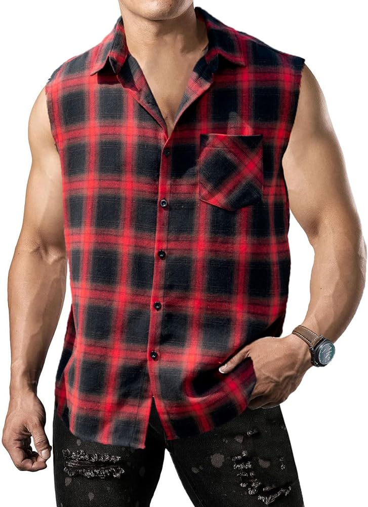 Sleeveless Flannel Shirt Men Casual Plaid Button Down Shirts Vest