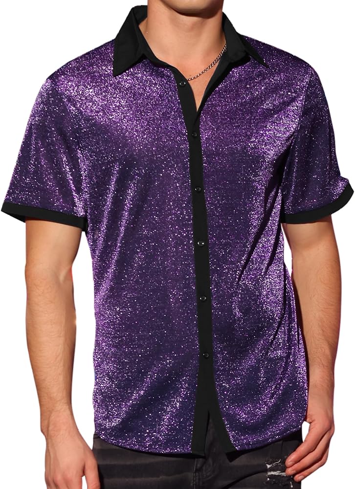 Lars Amadeus Sheer Mesh Shirts for Men's See Through Short Sleeves Party Disco Shiny Metallic Shirts