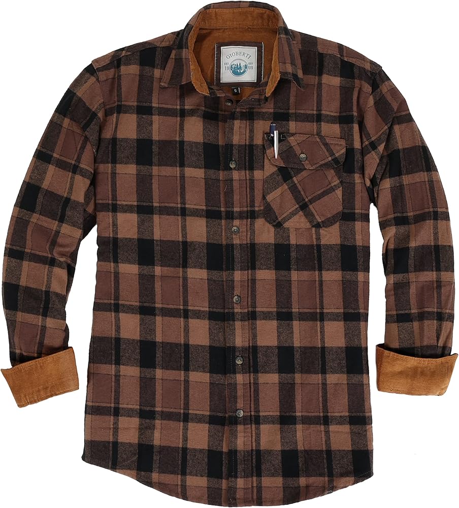 Gioberti Men's 100% Cotton Brushed Flannel Plaid Checkered Shirt with Corduroy Contrast