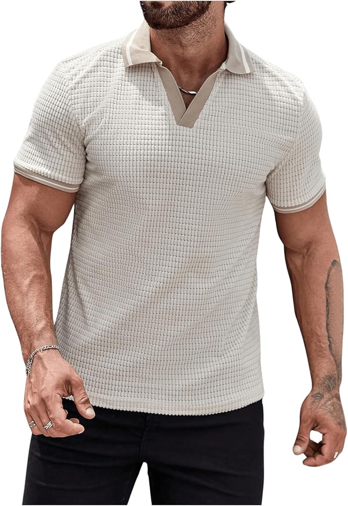 Men's Waffle Knit Collar Shirts Short Sleeve V Neck Business Professional Tops Office Outfits