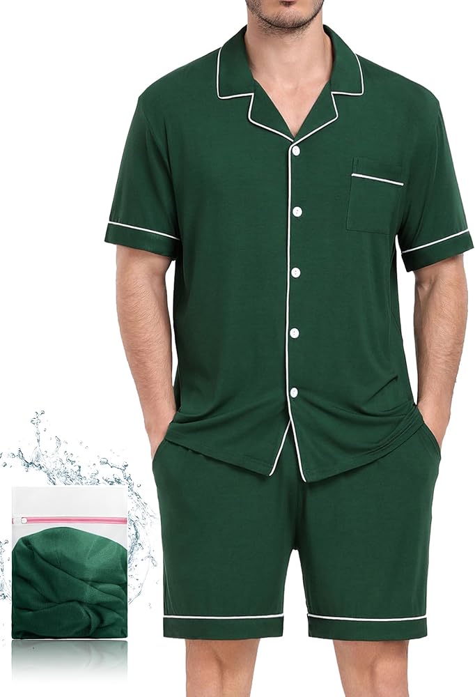 Mens Pajamas Set Short Sleeve Sleepwear Button Down Loungewear Set Soft Modal 2Pcs Pj Set with Pockets S-XXXL