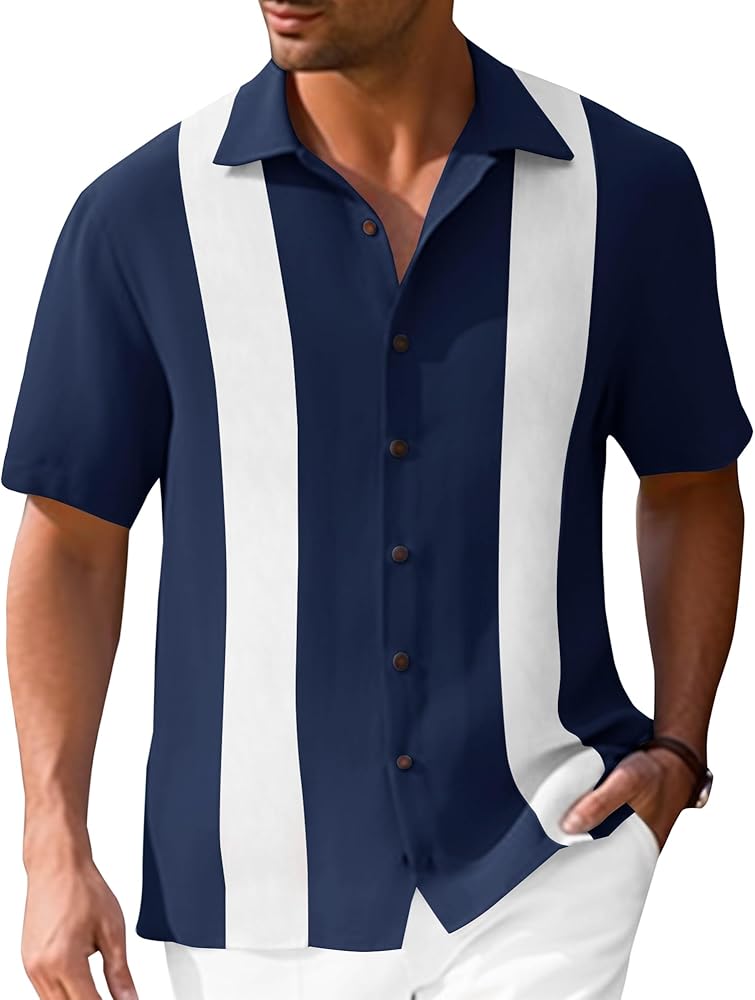 Mens Vintage Bowling Shirts Short Sleeve Button Down Guayabera Beach Shirts for Men