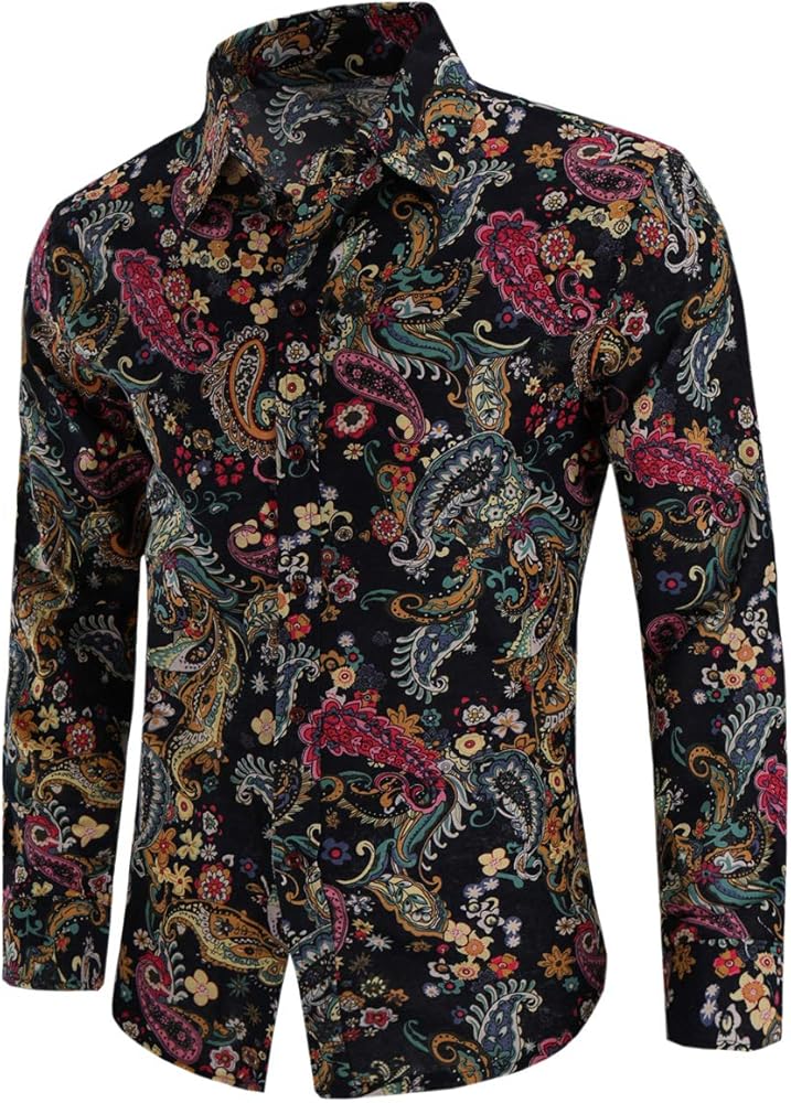 QZH.DUAO Mens 70s Disco Linen Shirts Casual Paisley Tops Floral Vintage Long Sleeve Shirt