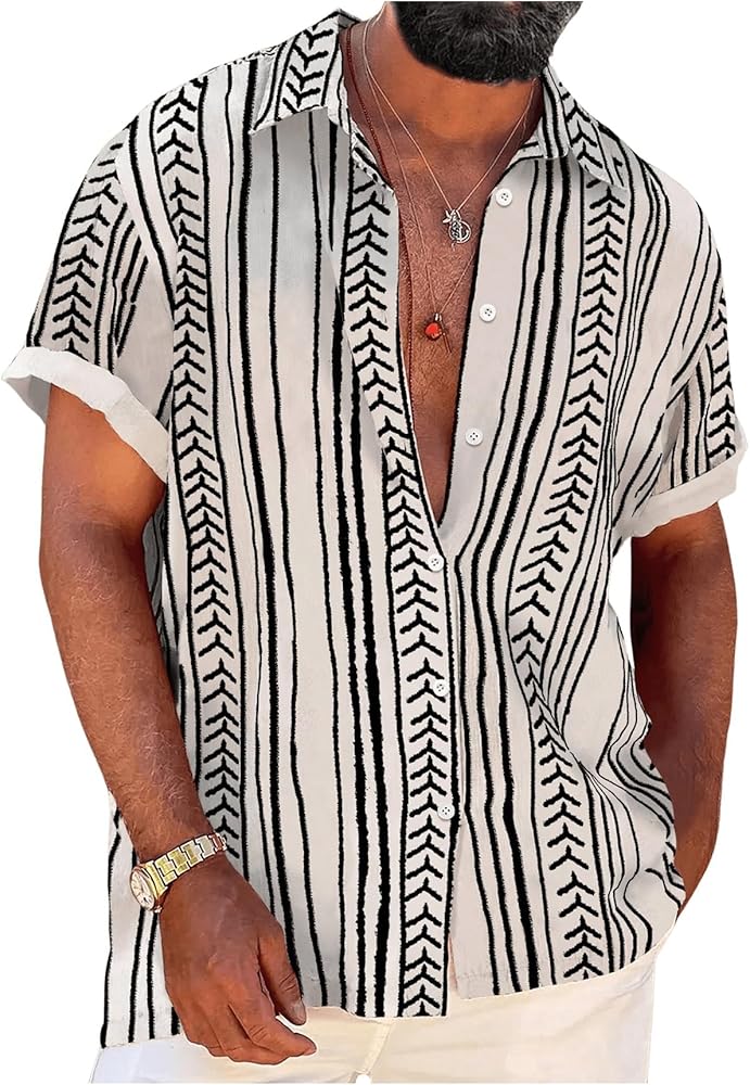 Verdusa Men's Button Down Shirts Short Sleeve Striped Summer Top