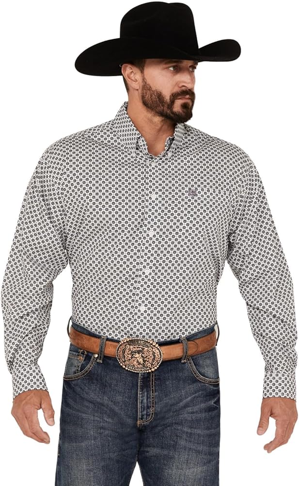 Cinch Men's Star Geo Print Long Sleeve Button-Down Western Shirt White Medium