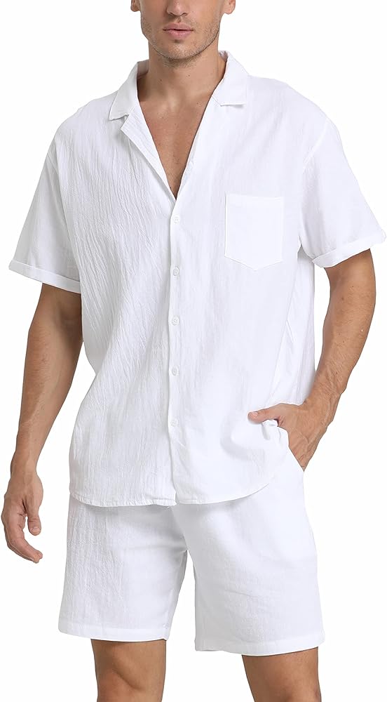 RPOVIG Linen Shirt Short Outfits:Men's Beach 2 Pieces Casual Button-Down Sets