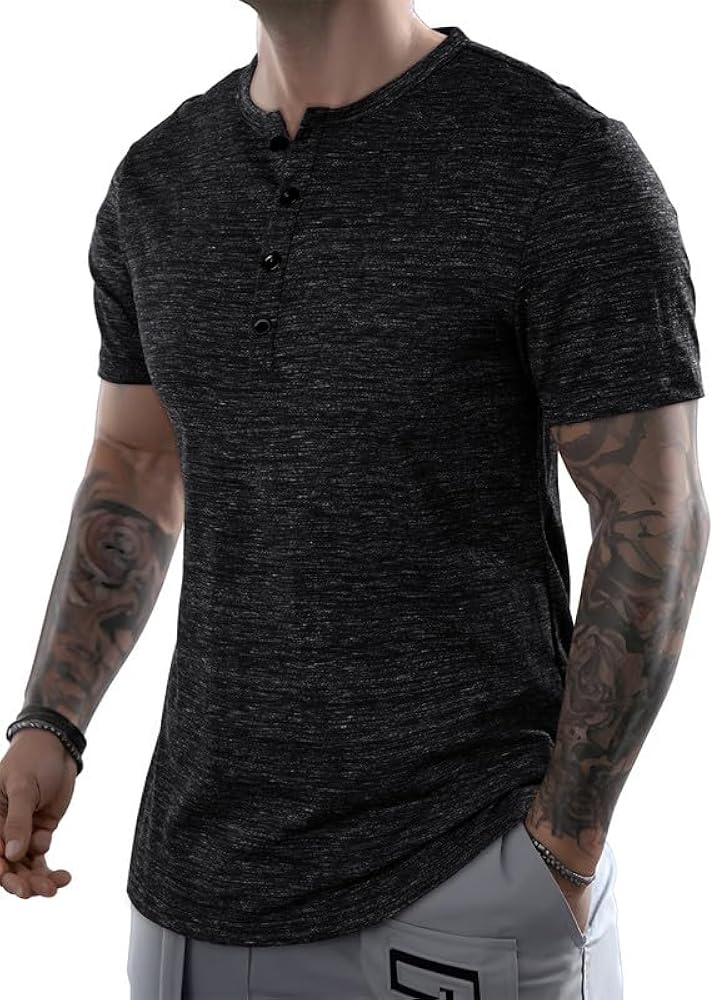 JMIERR Men's Muscle Slim Cotton T Shirt V-Neck Henley Shirt Gym Workout Athletic Tee Shirts