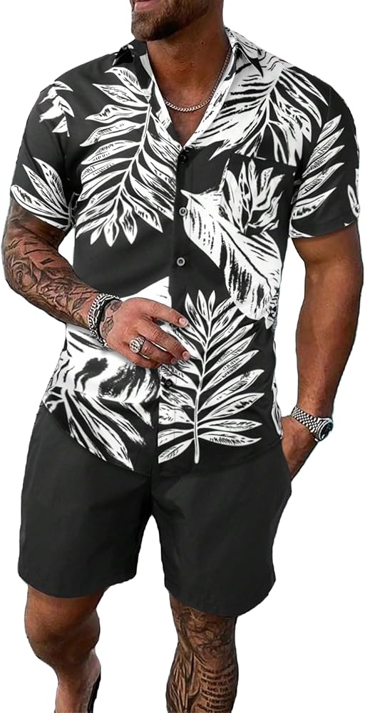 Floerns Men's 2 Piece Beach Outfits Tropical Print Short Sleeve Button Down Hawaiian Shirt and Shorts Set