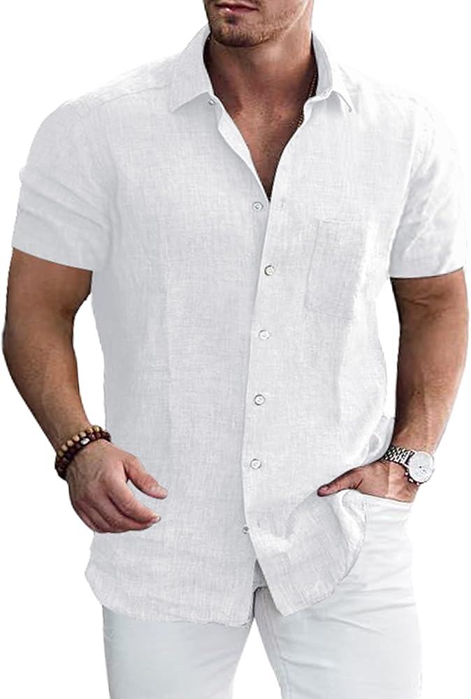 Men's Casual Short Sleeve Button Down Dress Shirt Beach Summer Shirt