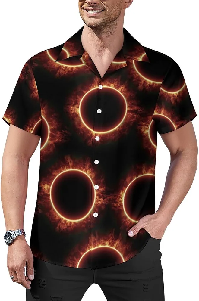 Amazing Solar Eclipse Pattern Men's Cuban Collar Shirt Print Button Down Tees Short-Sleeve Blouse Tops