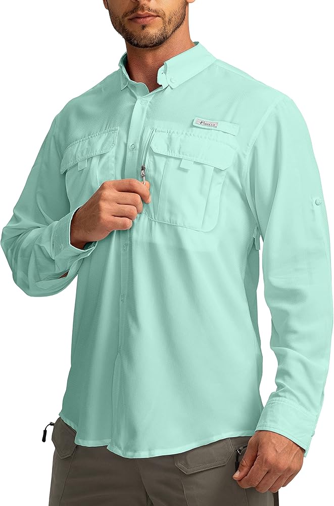 Men's Sun Protection Fishing Shirts Long Sleeve Travel Work Shirts for Men UPF50+ Button Down Shirts with Zipper Pockets