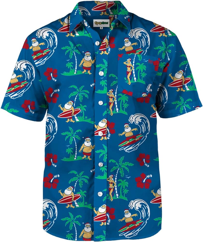 Tipsy Elves Men's Short Sleeve Button Down Shirts with Santa Claus Pool Party