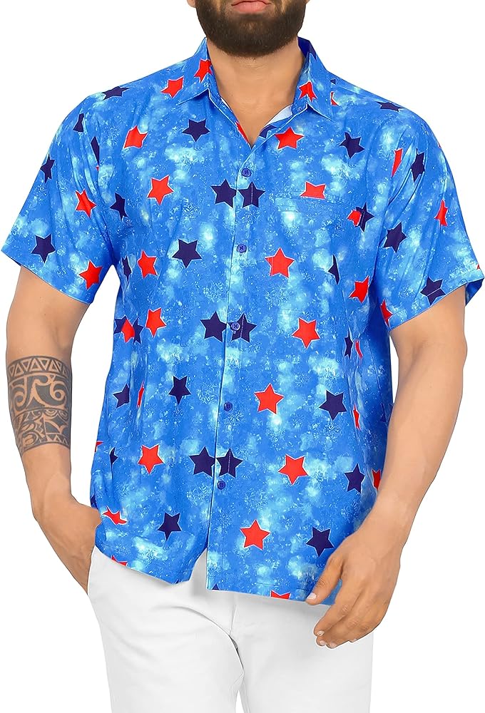 LA LEELA Men's Hawaiian Short Sleeve Button Down 4th of July American US Flag Shirt Beach Patriotic Shirts for Men