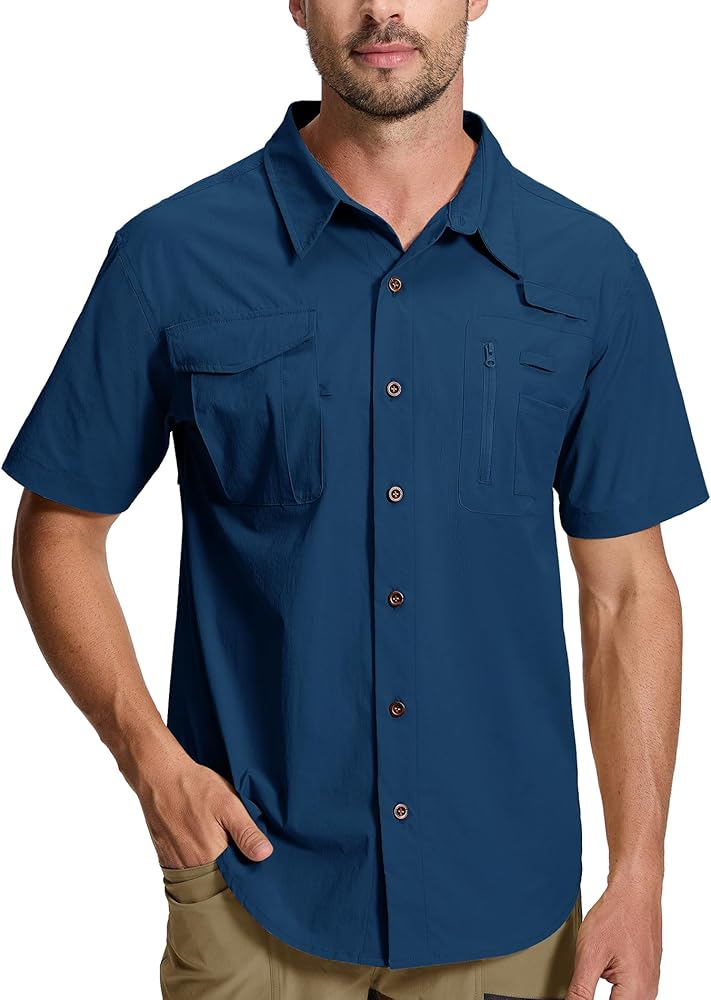 Mens Fishing Shirts UPF 50+ Lightweight Hiking Work Shirts Button Down Shirt Short Sleeve with Zipper Pockets