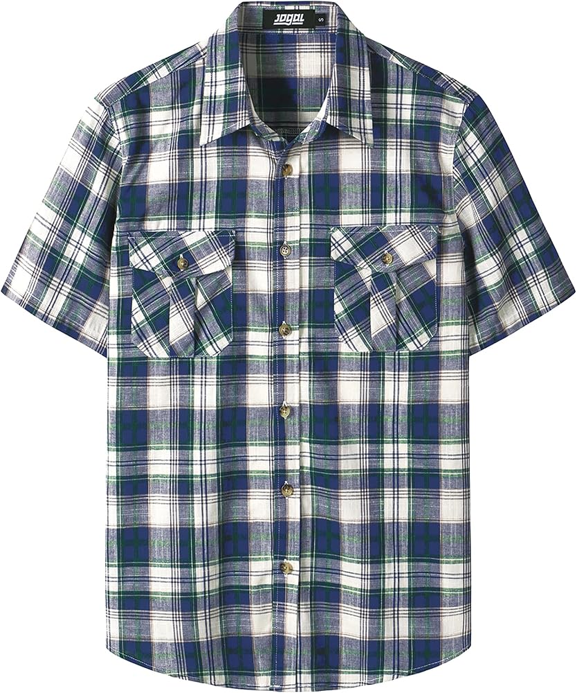 JOGAL Mens Western Cowboy Linen Plaid Shirts Two Pockets Short Sleeve Casual Button Down Lightweight Shirts