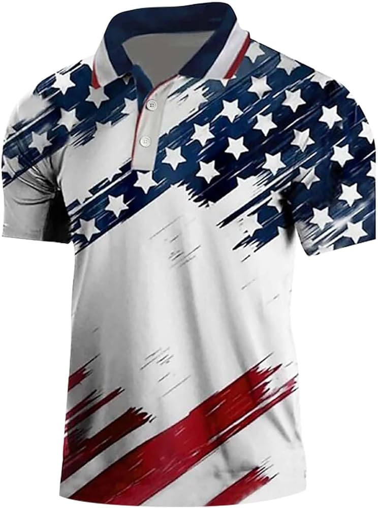 4th of July USA Polo T Shirts for Men Short Sleeve Patriotic Graphic Golf Shirts Button Collar T Shirt Polo Shirts