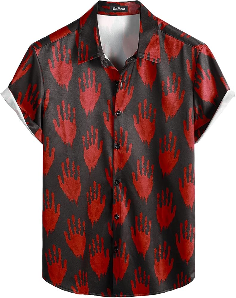 VATPAVE Mens Halloween Pumpkins Button Down Short Sleeve Shirts Casual Skull Shirt