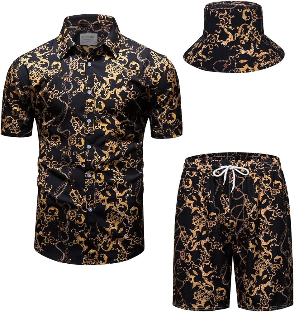 fohemr Mens Luxury Outfit Set Black Gold Shirts and Shorts 2 Piece Chain Print Set Baroque Button Down Suit with Bucket Hats