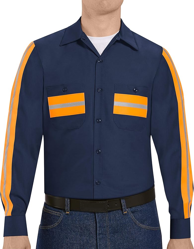 Red Kap Men's Enhanced Visibility Shirt, Navy with Orange Visibility Trim, 2X-Large