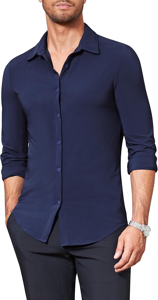 Beotyshow Mens Button Down Dress Shirts Long Sleeve Wrinkle Free Casual Muscle Fit Tee Shirt Beach Top