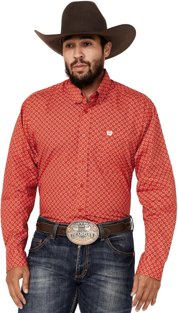 Cinch Men's Geo Print Long Sleeve Button-Down Western Shirt Red Small