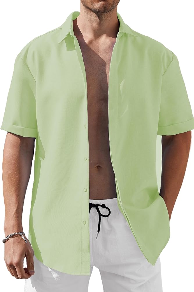 Mens Short Sleeve Button Down Shirts Summer Lightweight Casual Beach Vacation Shirts Green