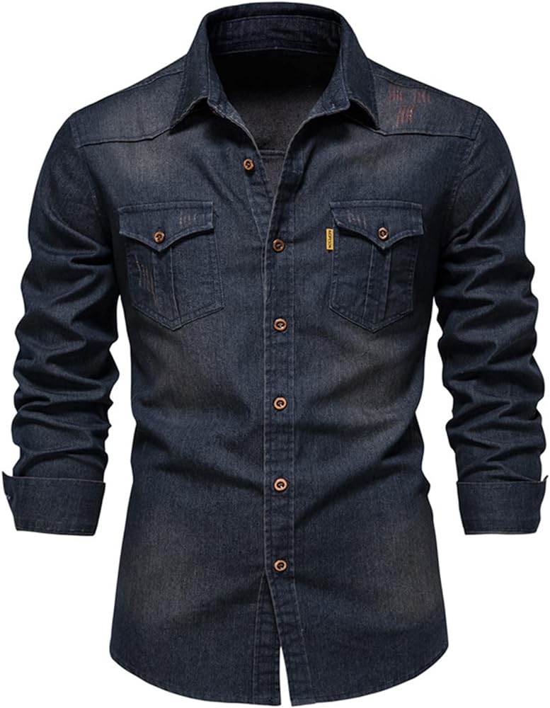 Mens Button Down Denim Shirt Long Sleeve Lapel Jean Shirt Casual Slim Fit Washed Denim Shirts with Chest Pockets