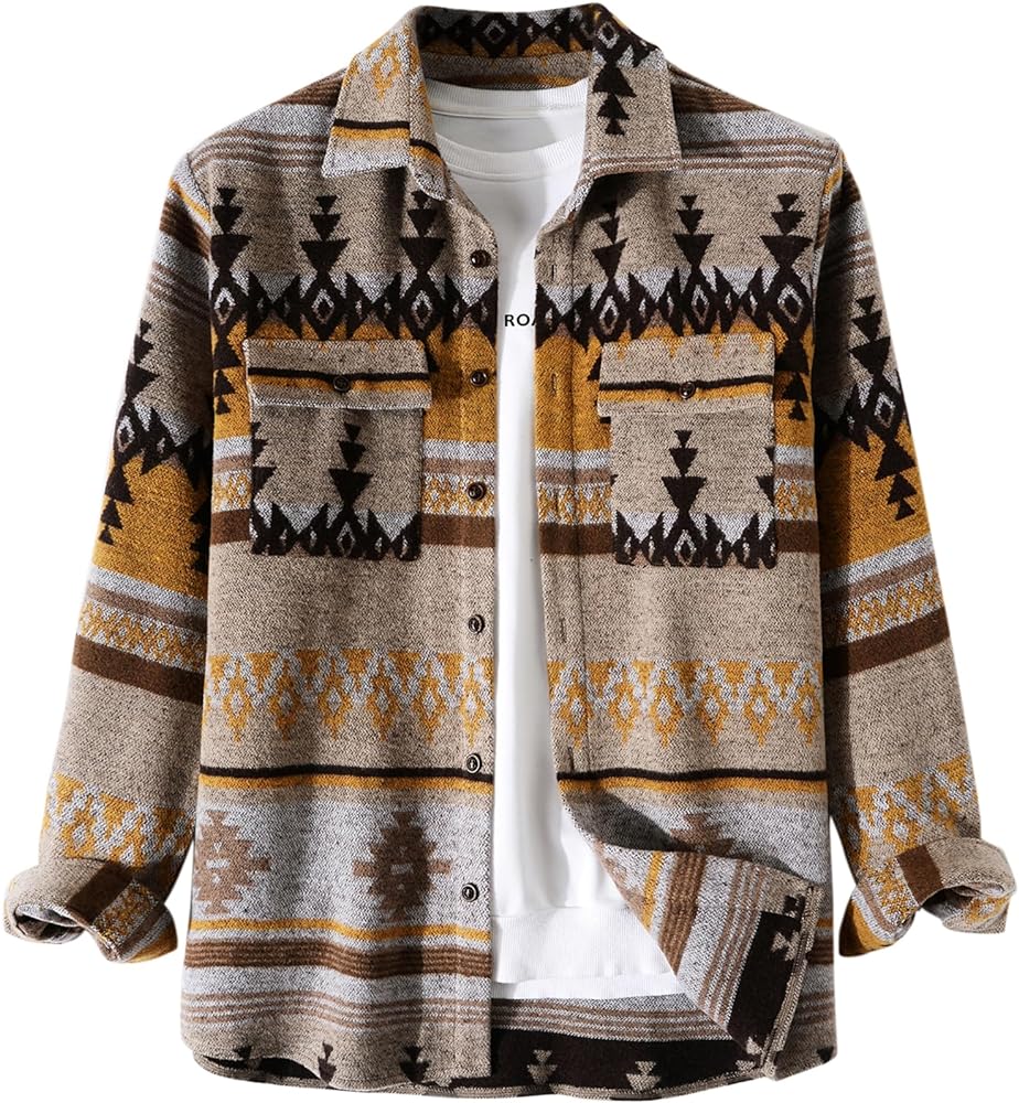 Men's Aztec Print Long Sleeve Button Down Shirts Tops