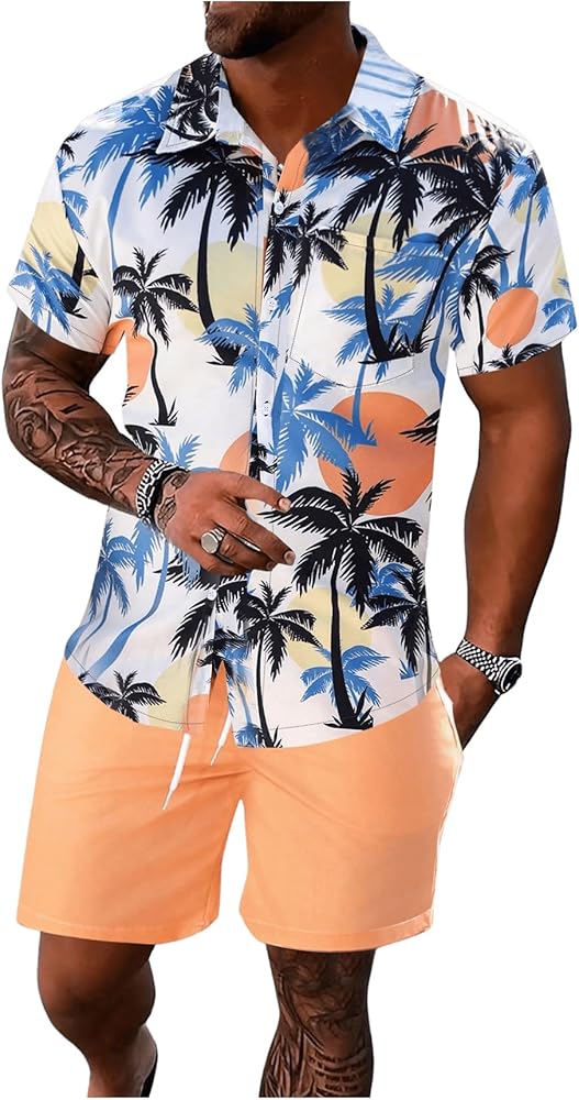 GORGLITTER Men's 2 Piece Outfits Hawaiian Sets Tropical Button Down Short Sleeve Shirt and Beach Short Sets