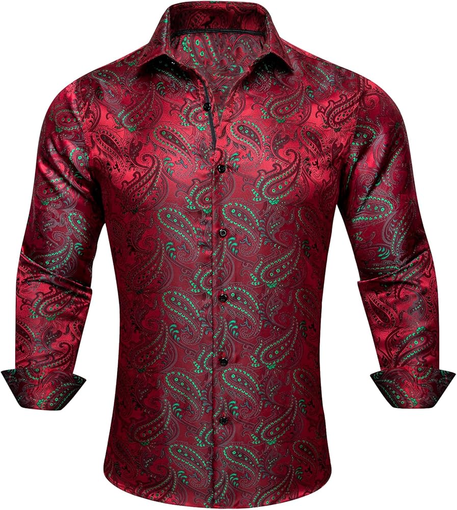 Barry.Wang Men's Silk Dress Shirts Paisley Button Down Long Sleeve Shirt Embroidered Floral Party Wedding Fancy Tops