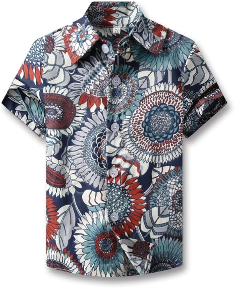 Boy's & Men's Button Down Hawaiian Shirts Casual Short Sleeve Leave Floral Aloha Shirt, 2 Years - Men 2XL