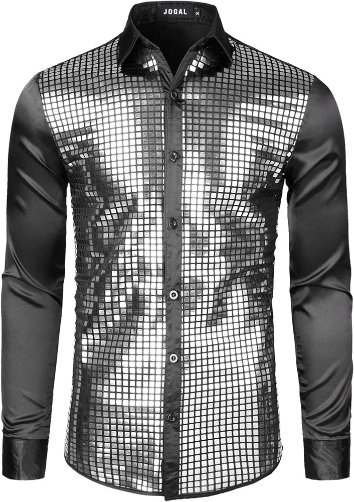 JOGAL Mens 70s Disco Shirt Silver Sequins Party Costume Long Sleeve Button Down Shirt