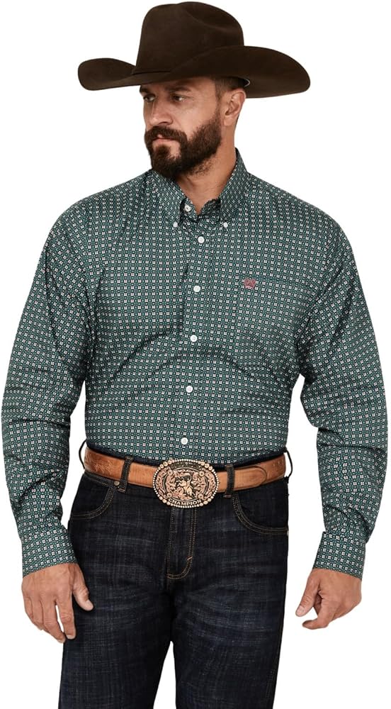 Cinch Men's Geo Print Long Sleeve Button-Down Western Shirt Dark Green X-Small