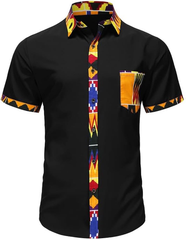 Mens African Short Sleeve Shirt Fashion Printed Patchwork Button up Dashiki Shirt Casual Slim Fit T Shirt