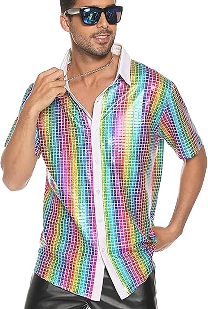 Mens 70s Disco Shirt Sequins Shiny Prom Costume Short Sleeve Button Shirts for Nightclub Party