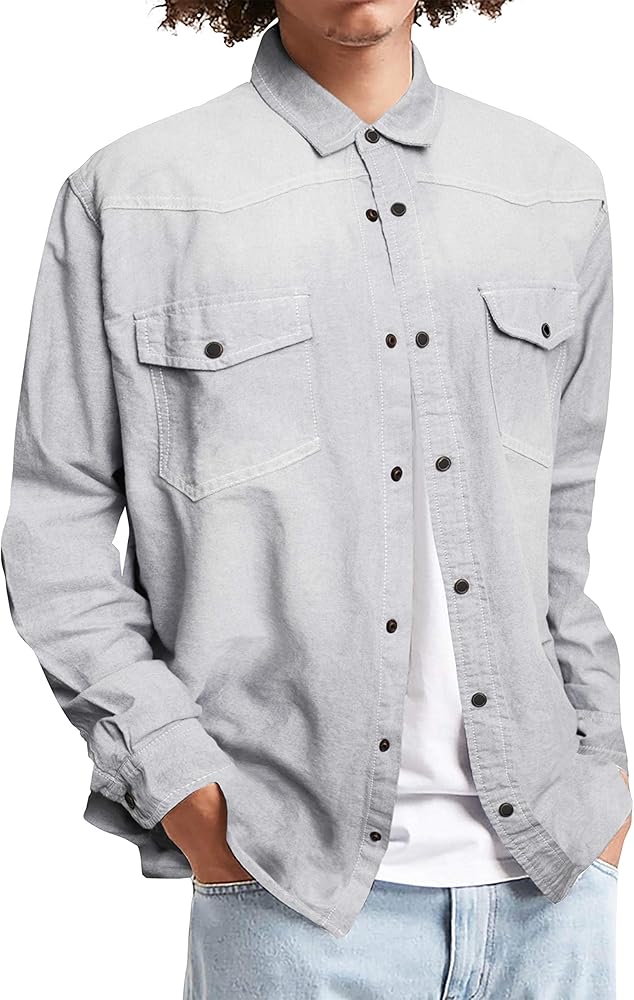 Mens Long Sleeve Denim Shirt Slim Fit Casual Vintage Chambray Long Sleeve Button Down Shirt with Pocket