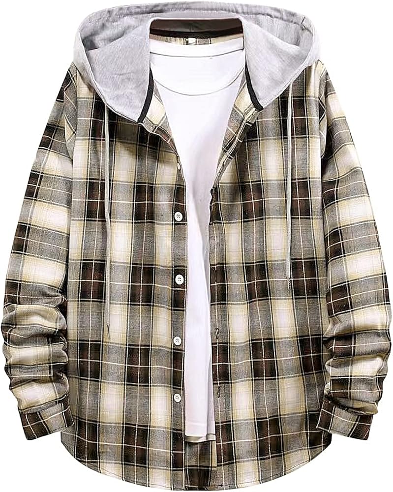 Mens Hoodie Plaid Shirt Long Sleeve Lightweight Flannel Shirt Jackets Casual Button Down Proclub Shirt