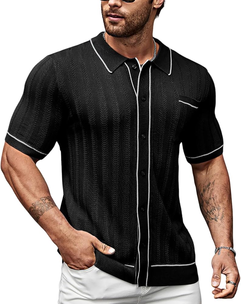 Men's Short Sleeve Breathable Knit Polo Shirt Hollow Out Button Down Knitwear