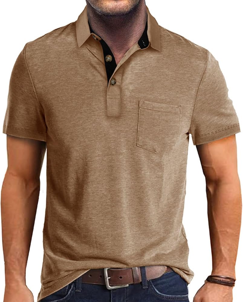 Men's Fashion Casual Polo Shirts Cotton Slim Fit Button Short Sleeve Basic Golf Work Tops