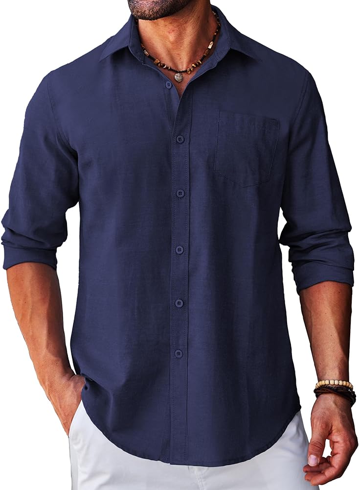 COOFANDY Men's Chambray Shirt Solid Pocket Oxford Shirts Long Sleeve Button Down Shirts Navy Blue