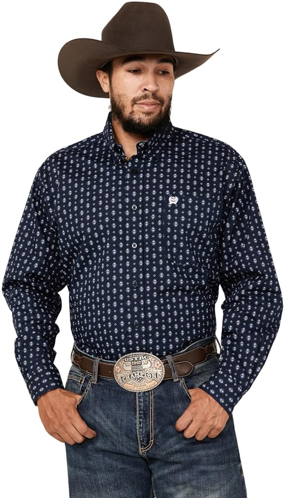 Cinch Men's Geo Print Long Sleeve Button-Down Western Shirt Navy Medium