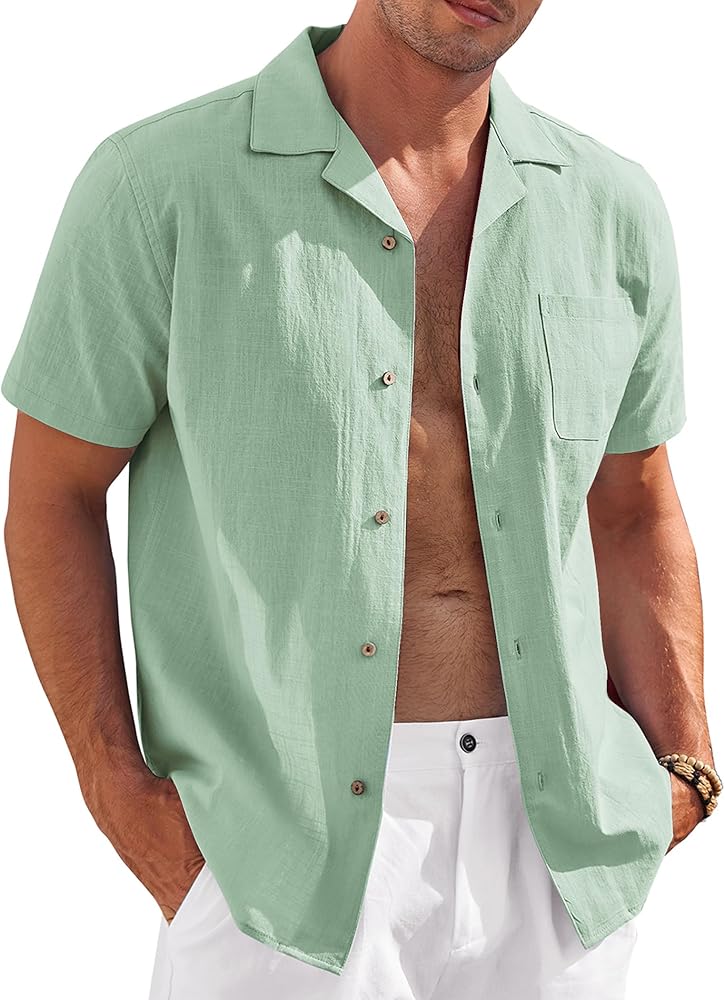 COOFANDY Mens Button Down Short Sleeve Shirts Linen Beach Shirt Cusual Dress Shirts Mint Green